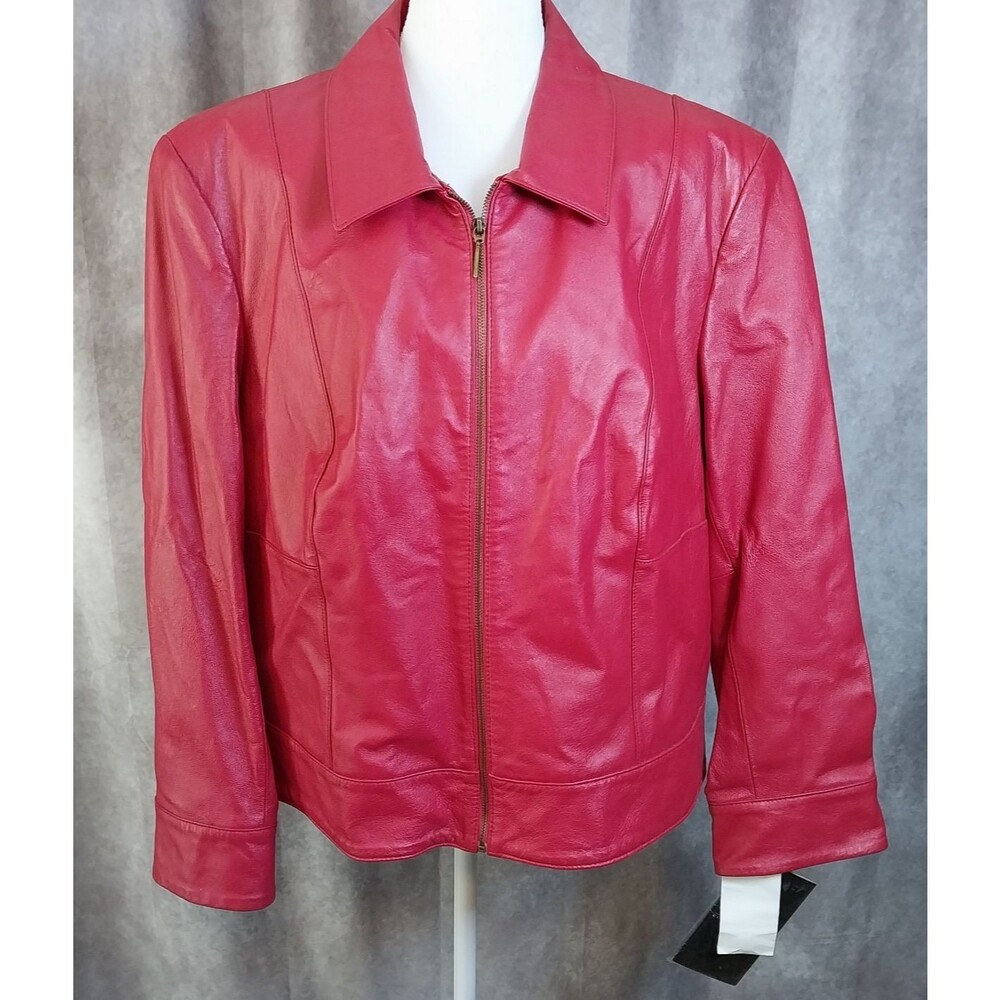 Terry Lewis Classic Luxuries Womens 1X Red Leather Zip Jacket Lined Pockets NWT